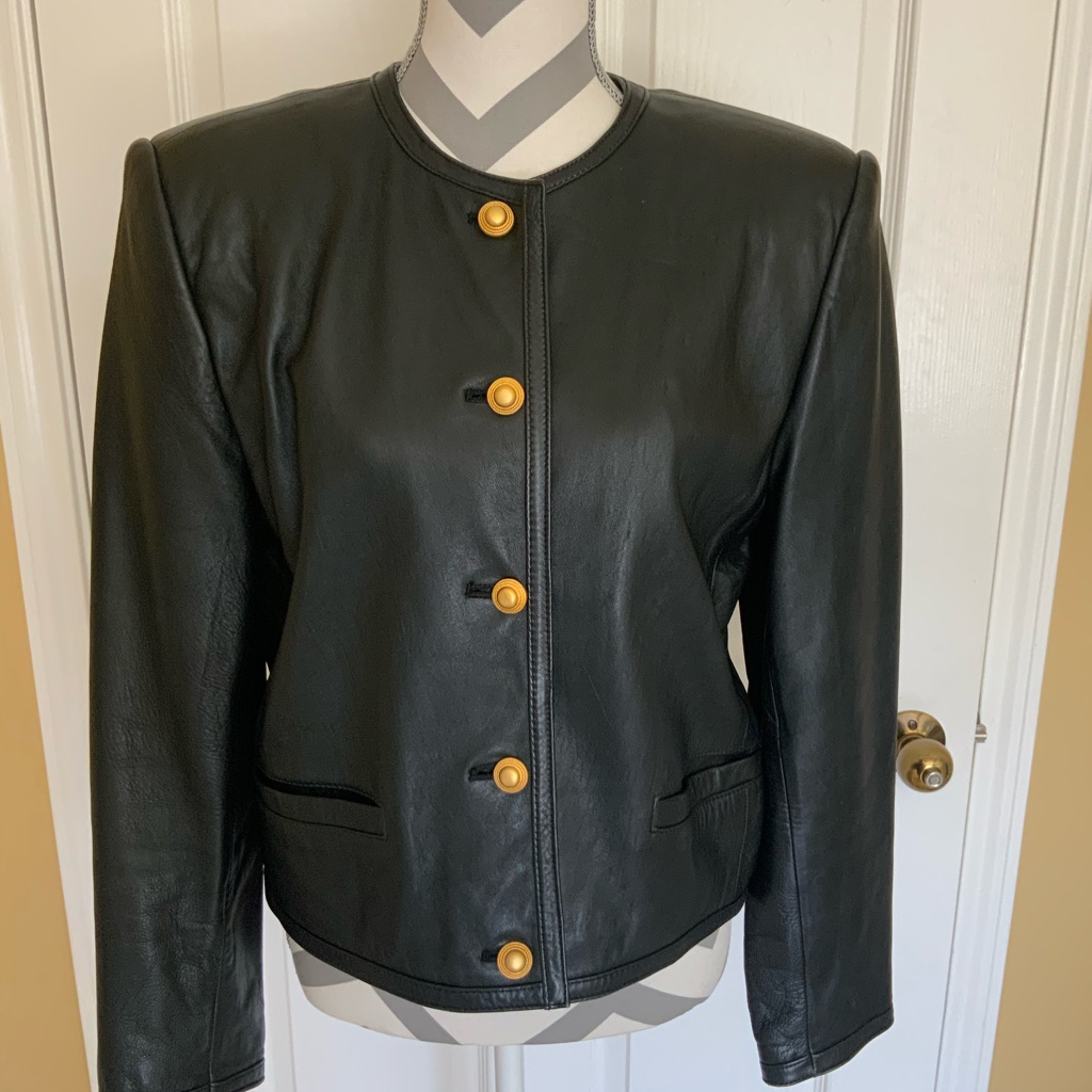 Elegant Black Leather Jacket With Gold Accents